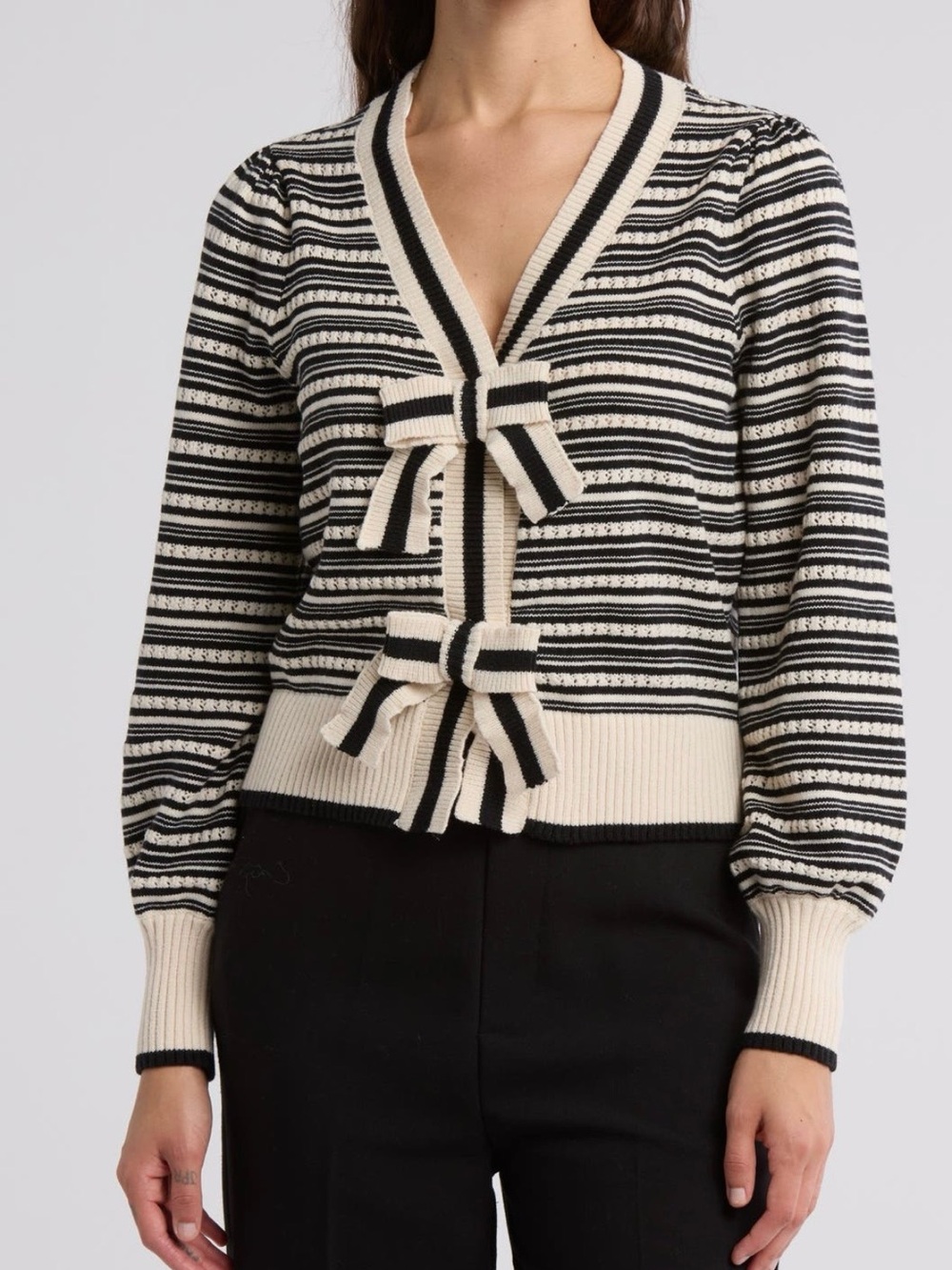 Striped Bow-Front Cardigan Sweater in Cream & Black
